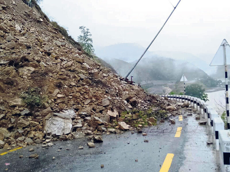 Highway bloocked by landslide